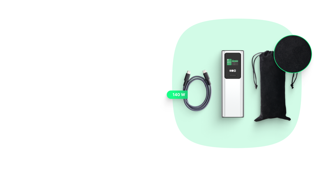 Ein Foto, das eine Powerbank mit geeignetem Kabel und Hülle zeigt